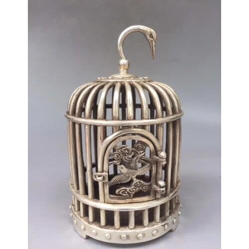 Collection Tibet Silver Carving Crane Birdcage Small Copper Cage Hanging Household Accessories Animal Statue