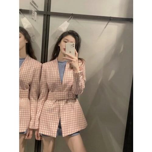 Two Piece Plaid Blazer Flare Pants Set Woman Sash Long Sleeve Suit High Waist Long Pants Vintage Loose Fit Set