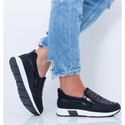 New Women Crystal Sneakers Spring Autumn Casual Zipper Flat Shoes Women Non-slip Breathable Outdoor Vulcanized Shoes Woman