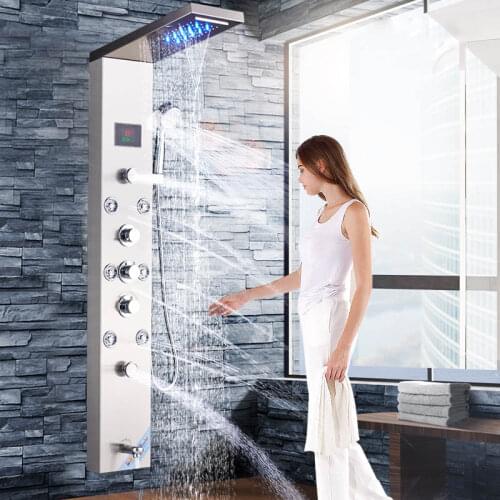 Brushed Nickle ORB Bathroom Luxury Rain Waterfall Mixer Shower Shower Panel LED Light Massage Jet Brass Tub Spout Shower Column