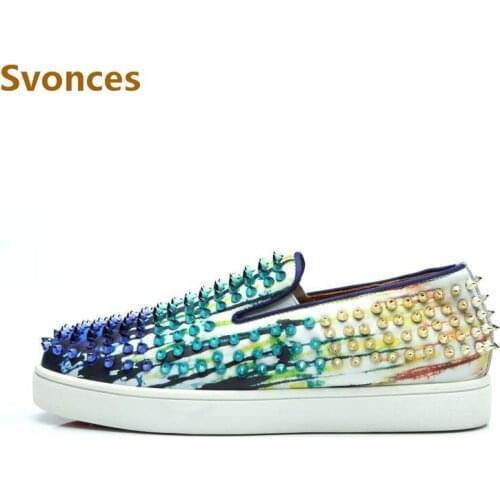 Mens Casual Sneakers Luxury Mixed Color Spikes Rivets Designer Flats Platform Graffiti Fashion Trainer Shoes Man Euro Size 38-47