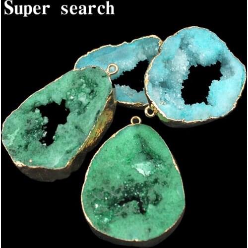 Natural Stone Green and Blue Crystal Cave Bud Slice Gold Pendant For Jewelry Making DIY Necklace