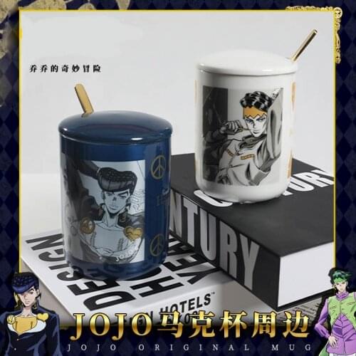 Anime JoJos Bizarre Adventure Higashikata Josuke Kishibe Cosplay Gold Stamp Tea Cup Ceramic Mug Cup + spoon + Cup Lid Gift
