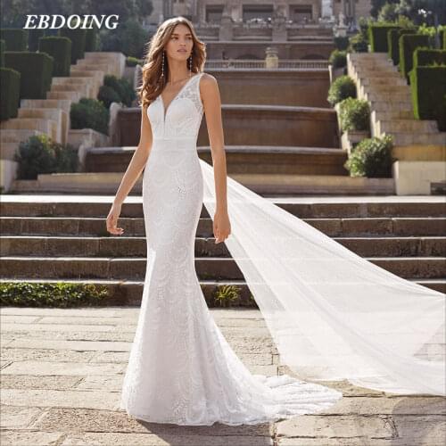 New Arrive Wedding Dress Mermaid Lace Deep V-Neck Neckline Long Open-Back Marry Plus Sizes Bride Dress 2021 Vestidos De Novia