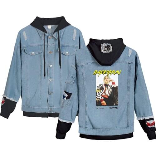 Autumn and winter fashion clothing SuperM popular hooded denim jacket men and women loaded Harajuku mens casual denim jacket