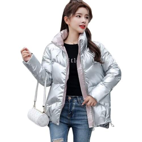 2020 Autumn Winter Womens Coats Fashion Silver Stand Collar Parkas Winter Jacket Women Pockets Thicken Padded Cotton Coat AH365
