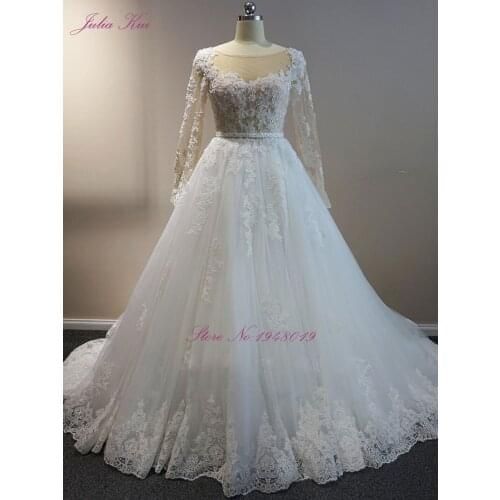 Julia Kui Elegant Floral Print A-line Embroidery Tulle Wedding Dresses Full Sleeve Beading Crystals Floor-Length Bridal Dresses