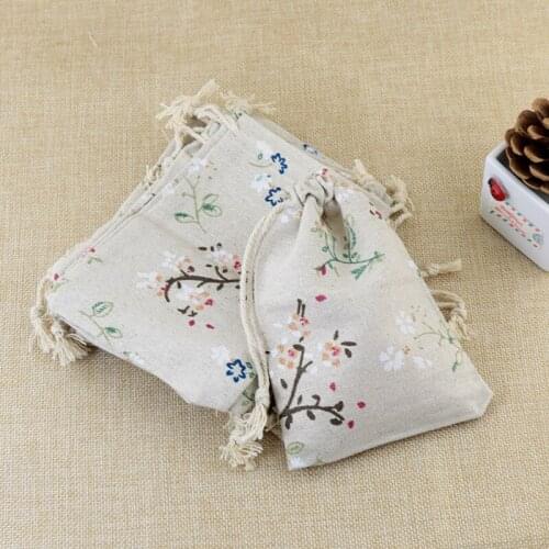 50pcs Cotton Gift Bags Branch Flower 10x14cm Drawstring Pouches natural Linen cotton bag small jewelry packaging bag pouch