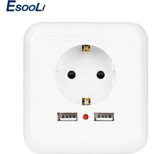 EsooLi Dual USB Port Wall Charger Adapter Charging 2400mA EU Plug Socket Power Outlet Panel Grounded Electric 86mm*86mm