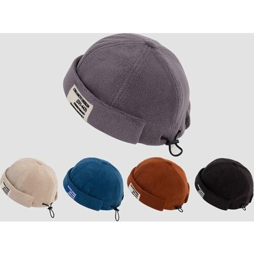 Men Women Skullcap Sailor Cap Letter Patch Embroidery Warm Rolled Cuff Bucket Cap Brimless Hat Solid Color Adjustable Cotton Hat