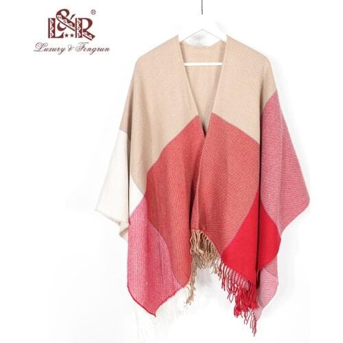 Women Winter Reversible Oversized Blanket Plaid Sweater Poncho Cape cashmere Shawl and wraps Cardigans Thicker pashmina scarf