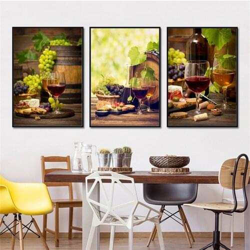 Modern Romantic Green Grape Wine Glass and Cheese Abstract Canvas Art Wall Picture For Gallery Dining Room Bar Home Decor