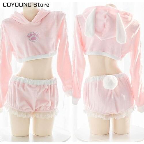 2020 Sweater Pink Bunny Girl Cute Plush Homewear Lolita Ultrashort Hollow Hoodies Shorts Rabbit Tail Sleepwear Top and Panty