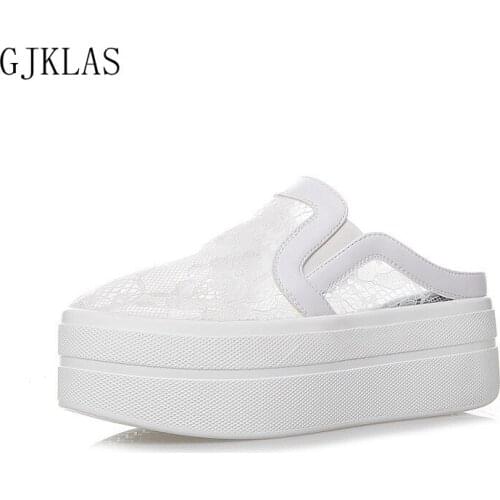 High Platform Shoe Woman Slippers Casual Womens Fashion Shoes Lace White Black Chunky Sneakers Femme Thick Sole Half Slippers