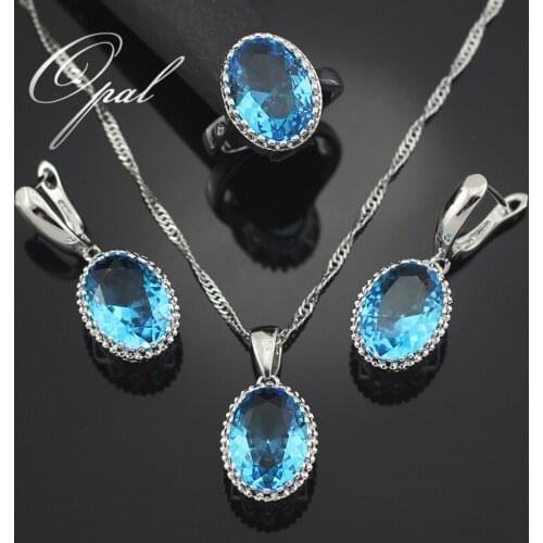 Blue Stone Jewelry Sets For Women Silver Plated Necklace Pendant Earrings Rings Size 5.5 7 T003B