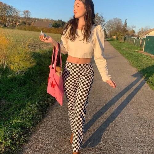 Womens Straight Leg PantsTrendy Checkerboard Print High Waist Full Length Lounge Pants