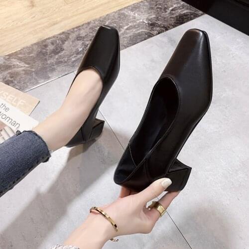 Spring Autumn Women Dress Shoes Square Toe Office Work Shoes Woman Pumps Black Boat Shoes Chunky Heels High Heels Blue 78L74