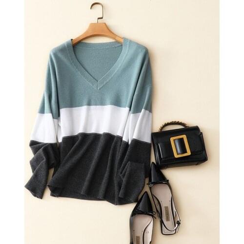 Autumn new patchwork fashion v neck loose styles womens knit casual fashion soft 100% cashmere pullovers