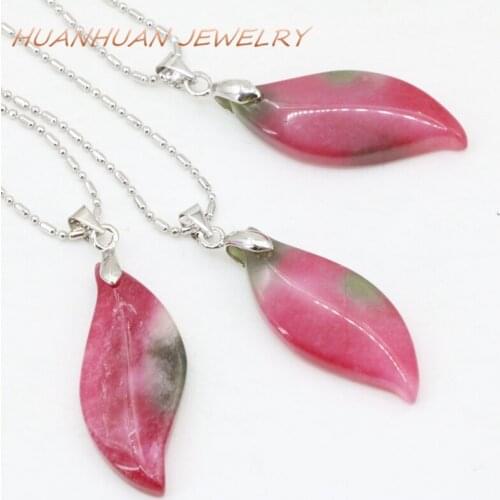 Natural Stone Jades Long Leaves Shape Pendant Women 13x31mm Chalcedony Stainless Steel Chain Necklaces & Pendants Jewelry B3358