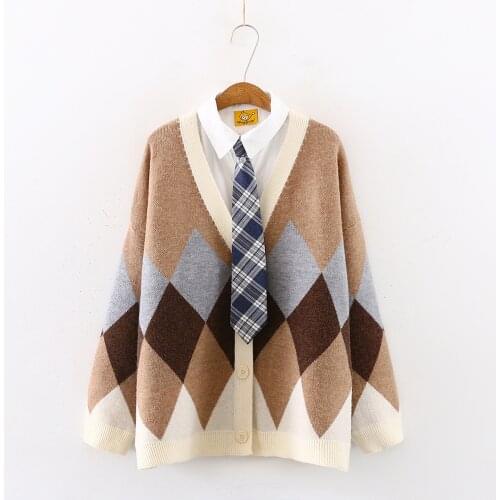 Sweet Diamond Check Womens Knitted Sweater Loose Cardigan Long Sleeve Spring V-Neck Sweaters Cute Girls