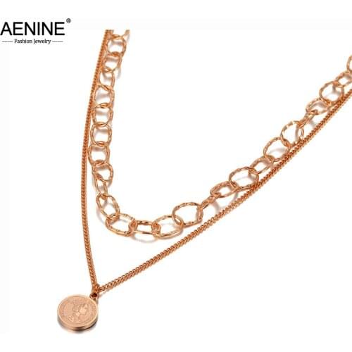 AENINE Bohemia Stainless Steel Double-layer Choker Necklace Queen Charm Pendant Chain Link Jewelry For Women цепочка AN20049