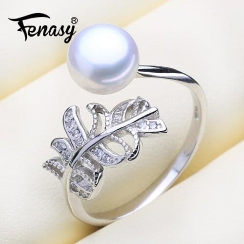 FENASY Natural Pearl rings New Fashion Bohemian Leaf 925 Sterling Silver Zicron Party Rings For Women Engagement Ring