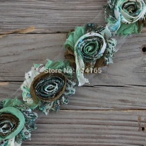 1 Yard DIY Green Peacock shabby flower Paisley Chiffon Flower Shabby Rose Trim for hair accessories/garment/shoes/headband #049