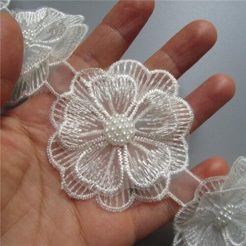 10x Apricot Pearl Beaded Flower Embroidered Lace Trim Ribbon Fabric Patchwork Sewing Supplies Craft For Dress Clothes Decoration