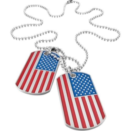 2 PCS Alloy Pendant Necklace Pendant Red and White Stripes USA American Flag Double Dog Tag plate 27 Inch Chain Necklace Man