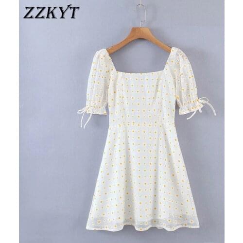 2021 Women Vintage Spring Floral Print Mini Dress Fashion Square Collar Short Sleeve Female Party Chic Dresses Vestidos Mujer