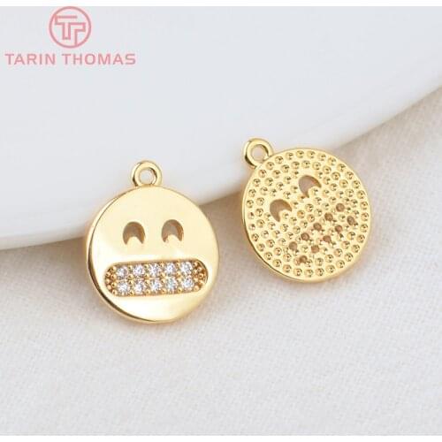 6PCS 10.4MM Hole 1MM 24K Gold Color Plated Brass with Zircon Smiley Charms Pendants High Quality Jewelry Accessories