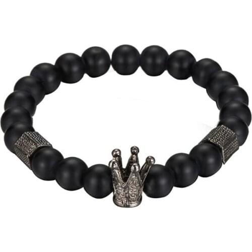 8mm Crown King Charm Bracelet for Men Women Black Matte Onyx Stone Beads Jewery