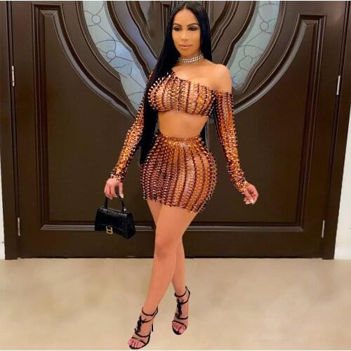 Adogirl Fish Scale Hollow Out Skirt Two Piece Set One Shoulder Long Sleeve Crop Top Short Skirt Female Night Club Party Outfits