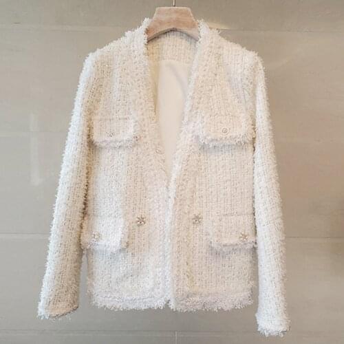 White Tweed Jackets Coat Women V-Neck Long Sleeve Autumn Woolen Coats French Tassel Coats Plus Size Pearls Button Outwear B913