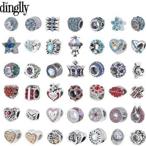 Dinglly Blue Rhinestone Beads Crystal Silver Color Crown Charm Fit Bracelet & Necklace Snake Bone Bracelets Accessory Beaded