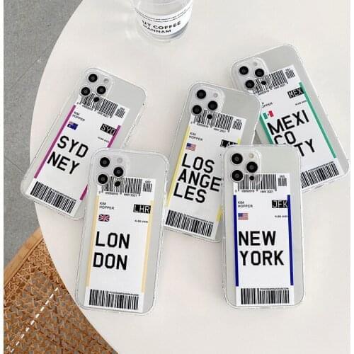 Hot Air ticket Travel Label New York Los Angeles Phone Case for iphone 11 12 Mini Pro Max XR XS 8 7 Plus Clear Soft TPU Cover