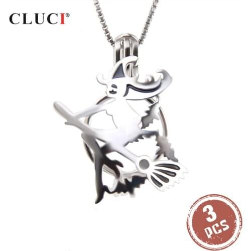 CLUCI 3pcs Halloween 925 Sterling Silver Flying Broom Witch Cage Pendant For Women Jewelry Real Silver 925 Pearl Locket SC322SB