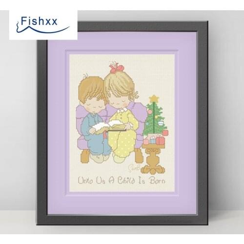 Fishxx Cross Stitch 14CT Kit European Style ChildrenS Bedroom Paintings H116 Christmas Eve Reading Together