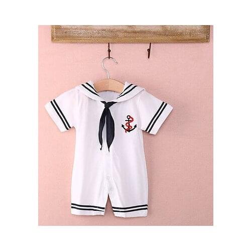 FOCUSNORM Sailor Style Romper Lovely Newborn Toddler Baby Boys Girls Short Sleeve Sailor Collar Striped Jumpsuit
