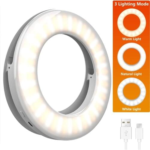 Selfie Ring Light LED Mini Circle Light Clip for Phones, Rechargeable Makeup Clip-on Makeup Fill Light Laptop Camera Photography