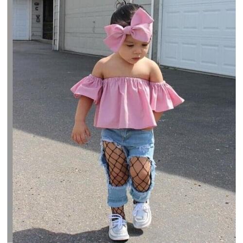 Retail New 2017 Summer Fashion Girl 3 Piece Clothing Set,pink T-shirts + Mesh Cowboy Jeans + Headband,kids Girls Garments