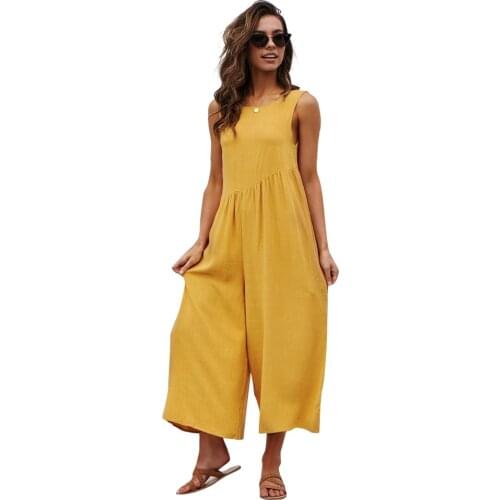 Summer Wide Leg Solid Casual Loose Jumpsuit Sexy Sleeveless Backless Women Jumpsuits Pocket Basic Ladies Jumpsuit Rompers