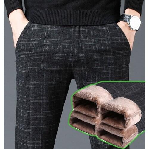 2020 winter new mens plus velvet casual pants Brushed plaid stretch fashion trend straight long pants Black and gray trousers