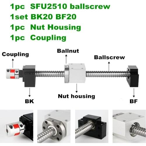 CNC Ballscrew Set : 25MM Ball screw SFU2510 End Machined 1200mm 1500mm+ RM2510 Ball Nut + BK20 BF20 End Support+ coupler