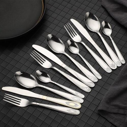 24pcs Stainless Steel Cutlery Set Silver Tableware Carved Handle Fork Knife Spoon Dinnerware Kitchen Dinner Table Flatware Gift