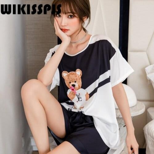 WIKISSPJS 2021 New Summer Short Sleeve Thin Pajamas Girl Student Cute Bear Home Wear Tie Up Two Pajamas Kawaii Pajama