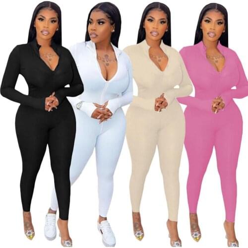 New Stylish Autumn Women Solid Color Long Sleeve Turtle Neck Ribbed Skinny Slim Sports Jumpsuit Overall