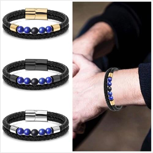 New Stainless Steel Stone Beads Bracelet Stainless Steel Accessories Lapis Lazuli Stone Men Bangle Punk Leather Women Jewelry
