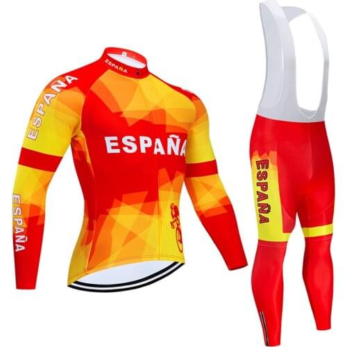 Autumn 2021 Team ESPANA Cycling Jersey 9D Bib Set MTB Uniform Red Bicycle Clothing Quick Dry Bike Clothes Mens Long Cycling Wear