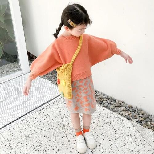 Autumn Winter Kids Girls Clothes Puff Long-sleeve Sweater T-shirt + Skirt Two-piece Knitted Suit Girls Fall Sweater Set